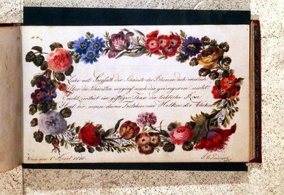 Frontispice van een bezoekersboek versierd met een epigram in het Duits omgeven door een bloemenkrans, gedateerd 1 april 1813 door Austrian School